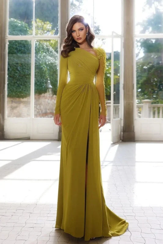 evening dress with shawl-Elegant Long Sleeve Yellow Prom Dress with Asymmetric Pleated Slit