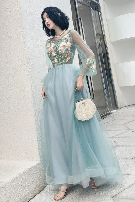 sequined formal evening gown-Elegant Long Sleeves Appliqued Tulle Prom Floor Length Appliques Evening Dress