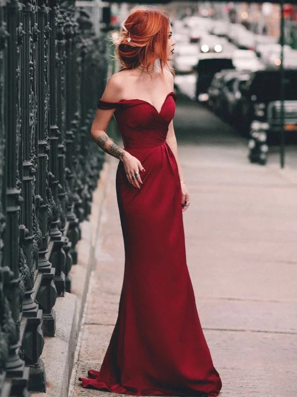 velvet long evening dress-Elegant Off Shoulder Mermaid Burgundy Long Prom, Mermaid Burgundy Formal, Off Shoulder Burgundy Evening