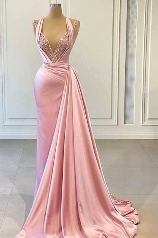 elegant evening dress with beads-Elegant Pink Halter Mermaid Prom Dress with Shining V Neck