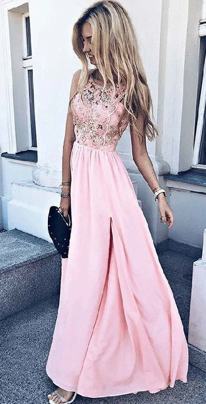 sleeveless tulle evening dress-Elegant Pink Long Split Side Prom Dresses with Appliques Beaded