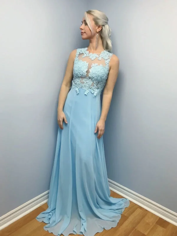 elegant evening gown with train-Elegant Sky Blue A Line Lace Long Prom, Sky Blue Lace Formal Graduation Evening