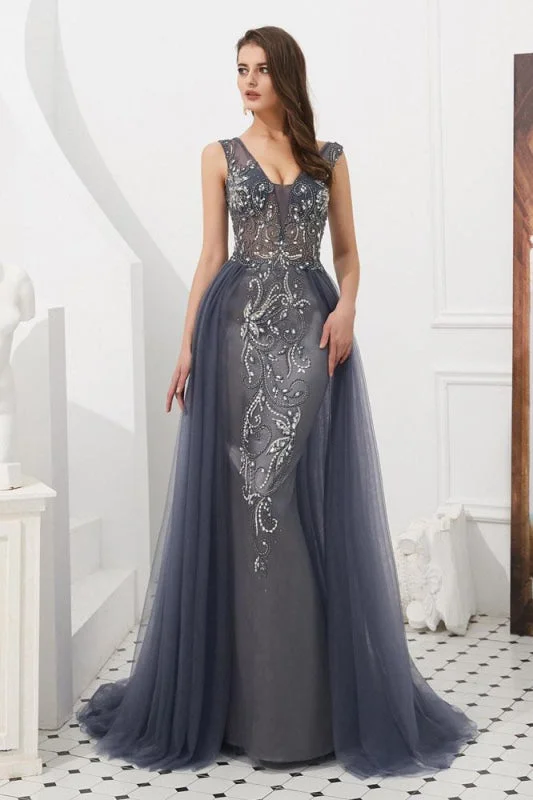 backless evening gown-Elegant Sleek Luxury Gray V Neck Sleeveless Tulle Long Prom Dress with Beads Crystal