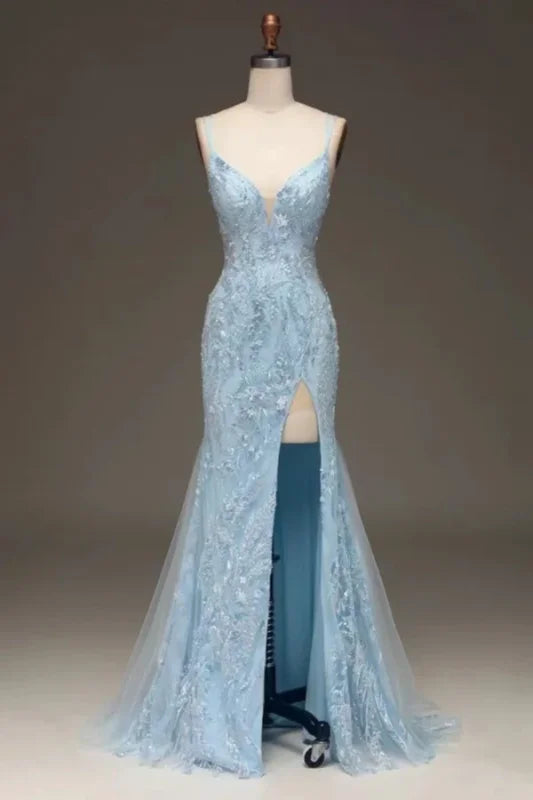 elegant white evening gown-Elegant Slimming Sky Blue Sequin Prom Dress Long