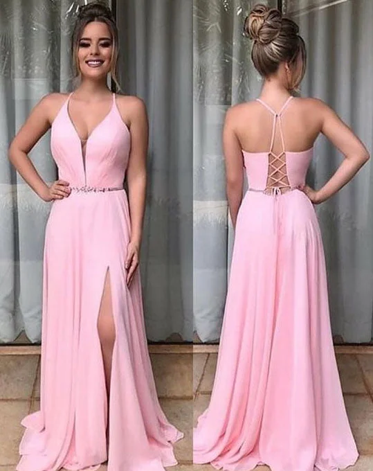 evening gown with crystals-Elegant Split Side Pink Chiffon Prom Dresses with Beaded