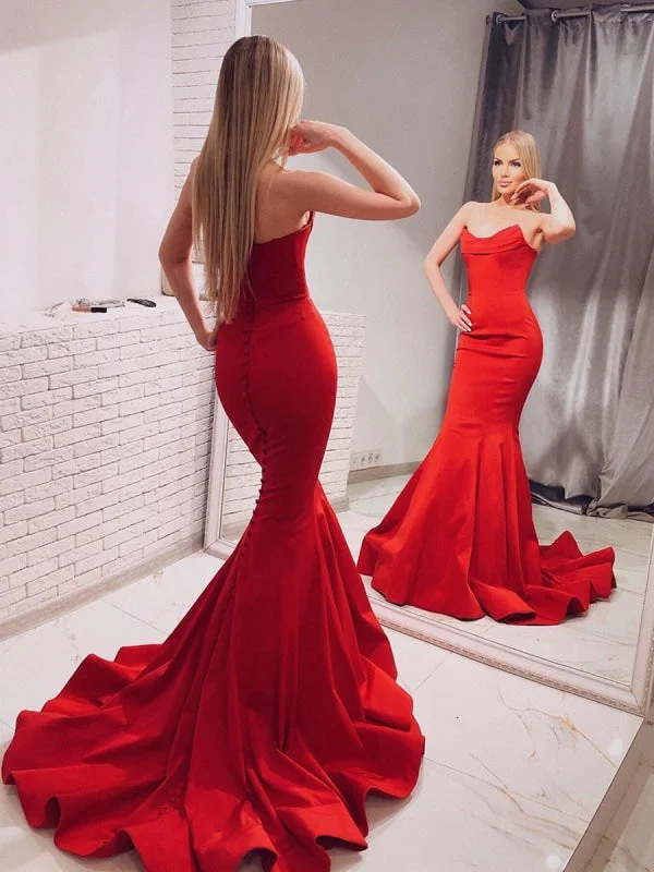 evening gown with embroidery-Elegant Strapless Mermaid Red Long Prom with Train, Mermaid Red Formal, Red Evening