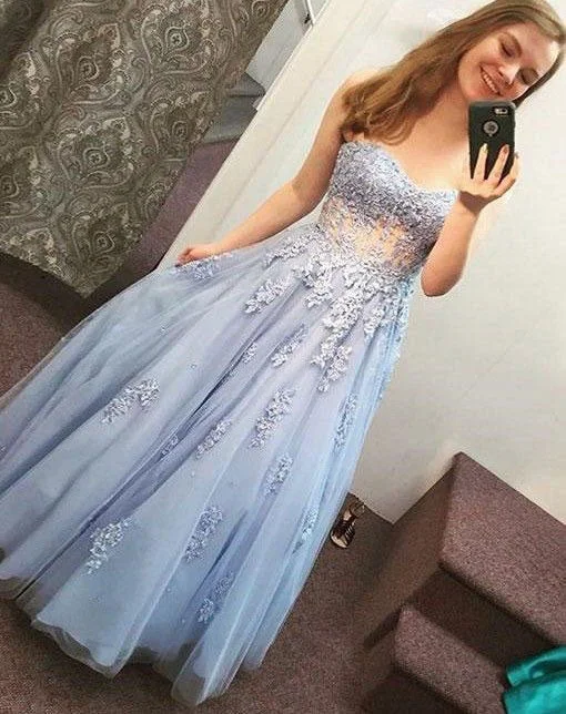 elegant formal evening dress-Elegant Sweetheart Tulle Long Prom Dresses with Appliques