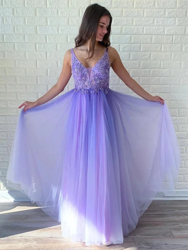 elegant evening attire-Elegant V Neck Backless Beaded Lace Purple Long Prom, Backless Purple Formal Graduation Evening