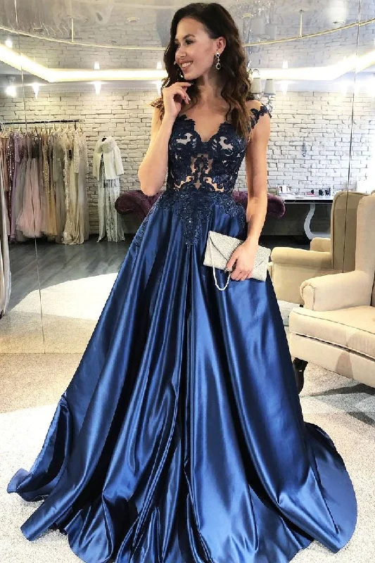 classic black evening dress-Elegant V Neck Long Navy Blue Prom Dresses with Appliques