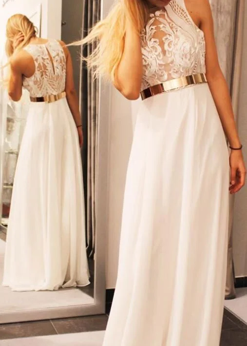 evening gown with fringe-Elegant White Long Prom Dresses with Gold Sash