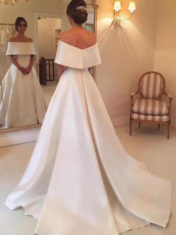 elegant evening wear-Elegant White Satin Off Shoulder Wedding, Off Shoulder White Satin Long Prom, White Formal Evening