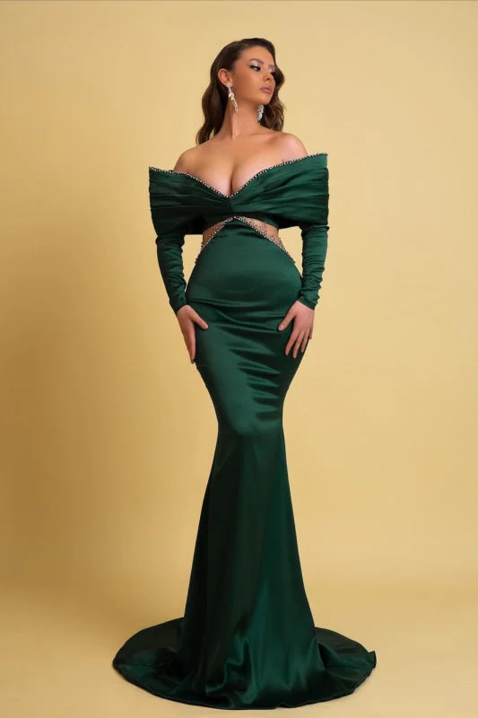 evening dress with mesh overlay-Emerald Green Off-the-Shoulder Charmeuse V Neck Mermaid Prom Dress