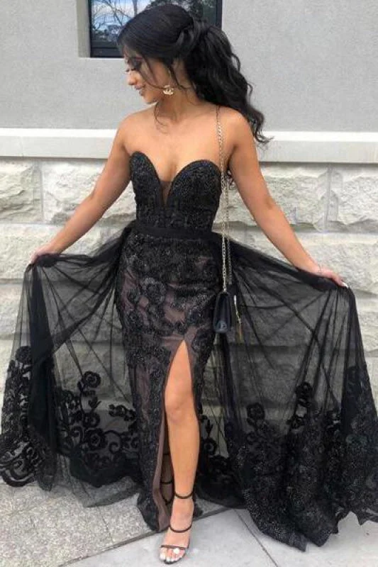 high-low evening gown-Excellent Excellent Excellent Black Sweetheart Tulle Prom with Lace Appliques Long Strapless Split Formal Dress