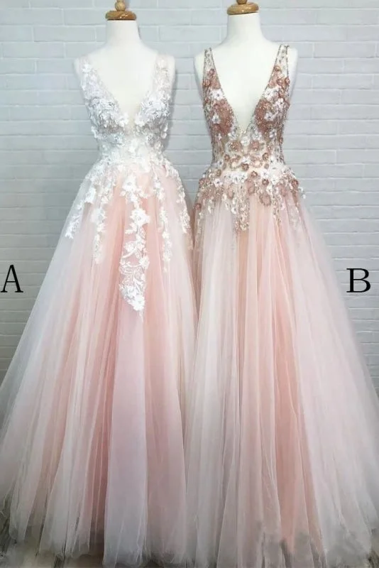 high-low evening gown-Excellent Modest Excellent Light Pink V Neck Sleeveless Tulle Prom Dress with Flowers and Beads