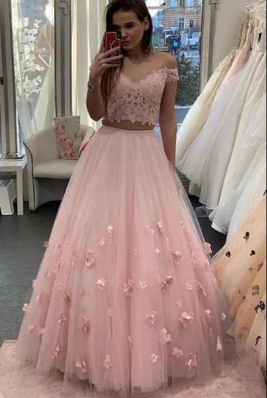 sweetheart neckline evening gown-Eye-catching Amazing Two Piece Floor Length Tulle Prom Lace Long Off the Shoulder Dress with Flower