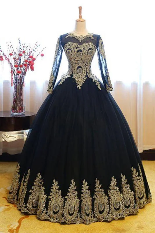 elegant ball gown evening dress-Fabulous Awesome Marvelous Black Ball Gown Long Sleeves Party Princess Tulle Prom Dress with Lace Appliques