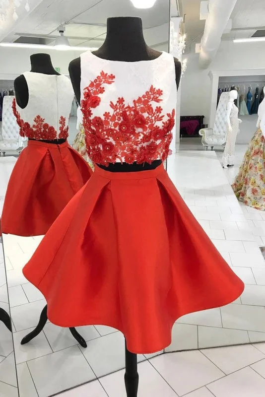 evening gown with crystals-Fascinating Sleek Red Two Piece Dresses Cute Appliqued Satin Homecoming Gown Short Prom Dress