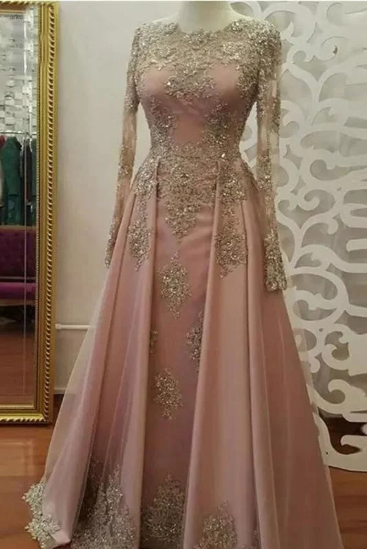 off shoulder evening gown-Floor Length Long Sleeves Prom Dress with Gold Appliques Beaded Evening Dresses