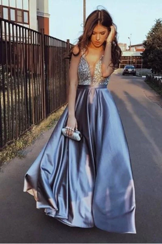 evening gown with sheer overlay-Floor Length V Neck Long Formal Dress with Beading A Line Cheap Prom Dresses