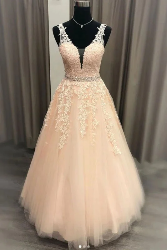 elegant formal evening dress-Floor Length V Neck Sleeveless Tulle Prom with Appliques Puffy Quinceanera Dress