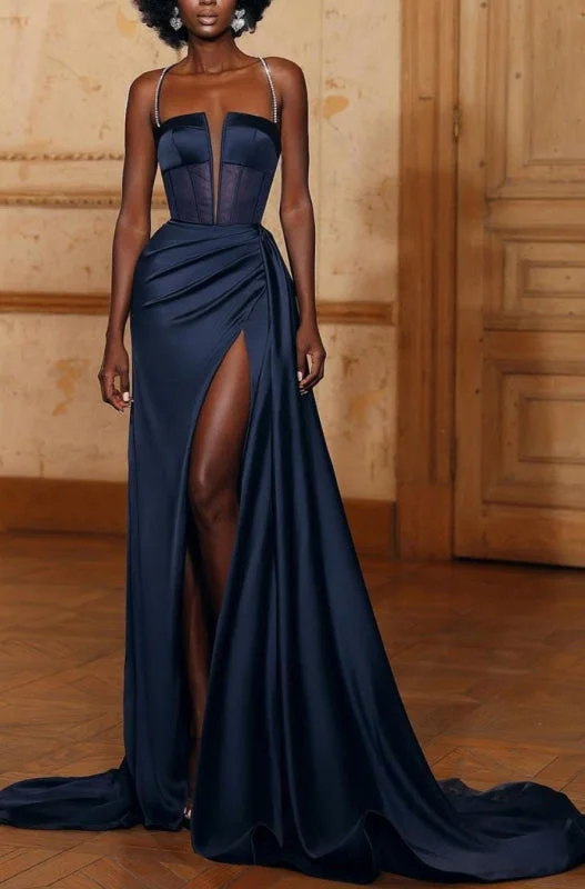 draped evening dress-Formal Prom Dress Halter Open Back Long Straight with High Slit