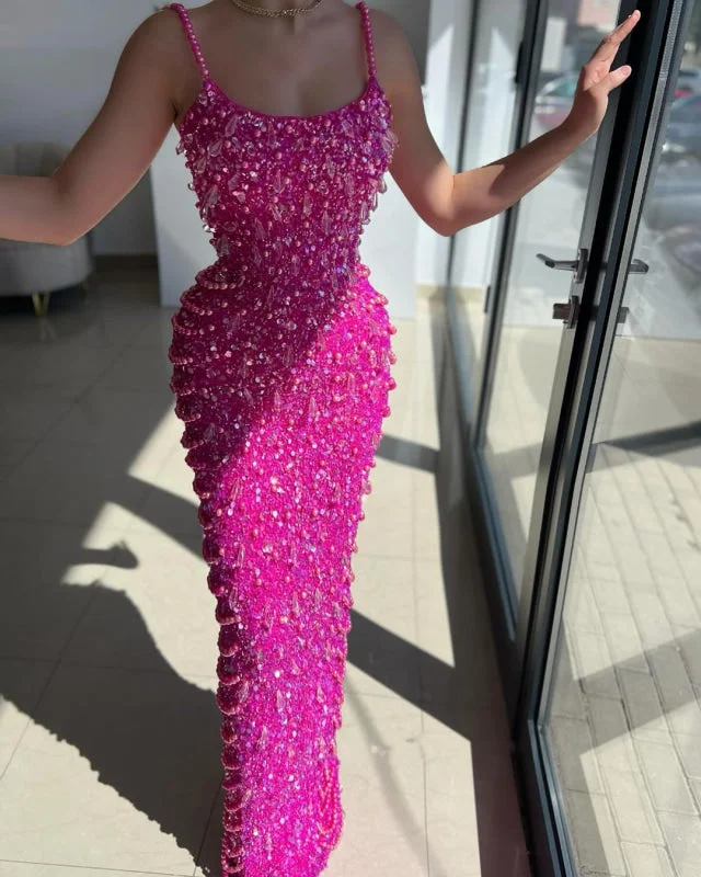 evening dress with shawl-Fuchsia Acrylic Spaghetti-Straps Mermaid Prom Dress with Pearls Sequins