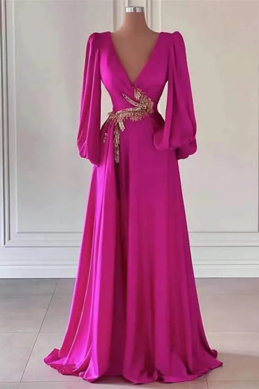 sleeveless evening dress-Fuchsia Long Sleeves A-Line Dark V-Neck Prom Dress with Embellishment