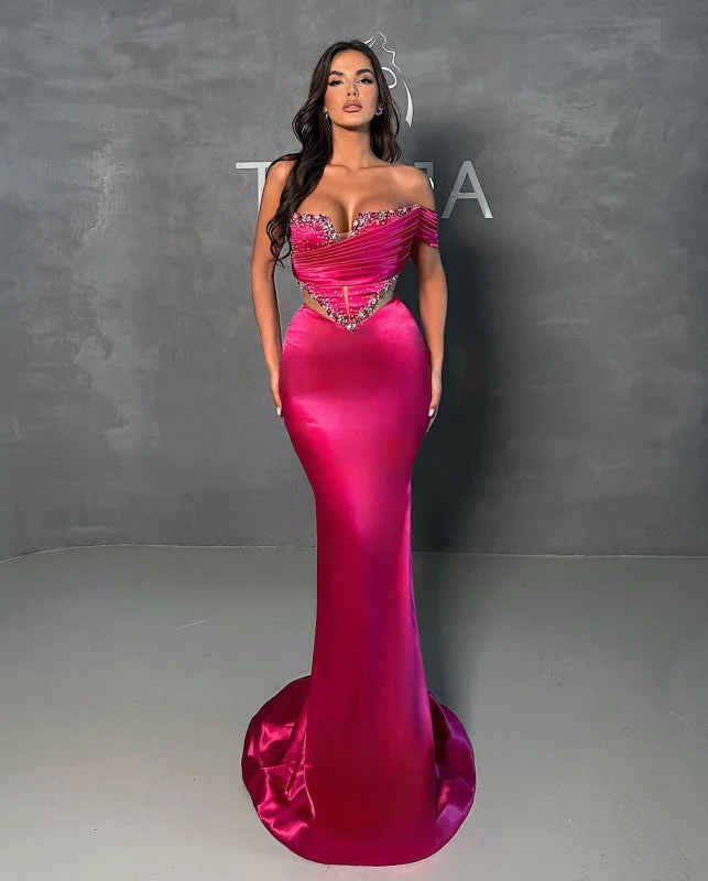 evening dress with plunging neckline-Fuchsia Sexy Mermaid Prom Dress V-Neck with Beads Sequins