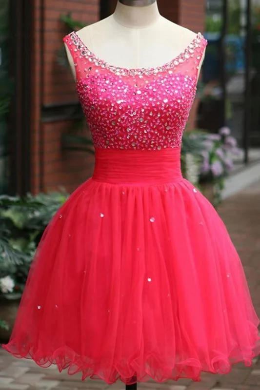 modest evening dress-Fuchsia Tulle Beading Prom Dresses Homecoming Dress