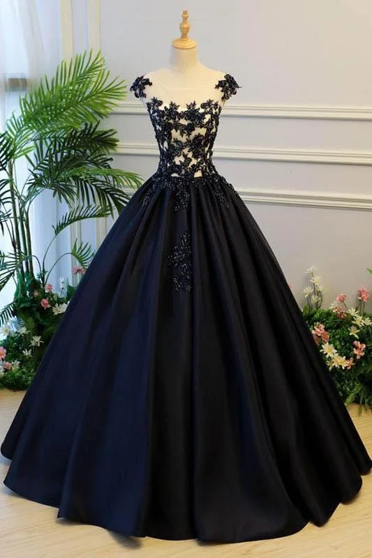 fit and flare evening gown-Generous Princess Cap Sleeves Scoop Black Applique Satin Long Prom/Evening Dress