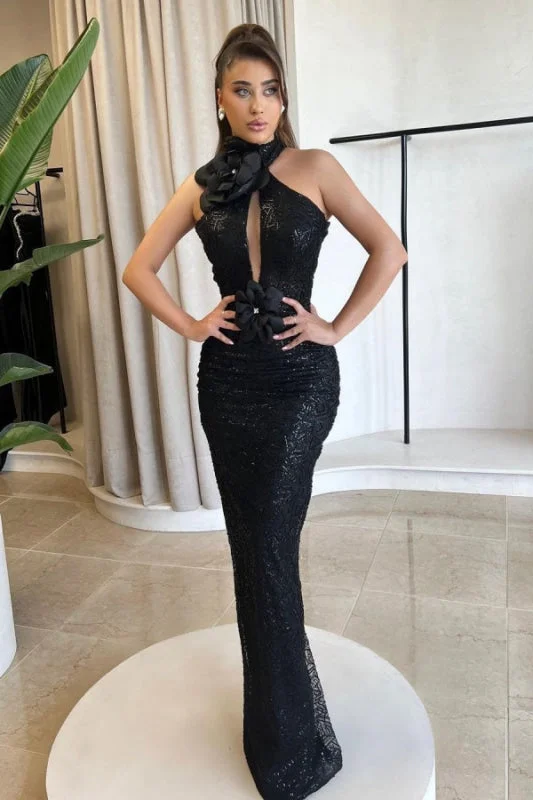 navy blue evening dress-Glamorous Black Slimming Prom Dress Halter Mermaid Dress with Flower