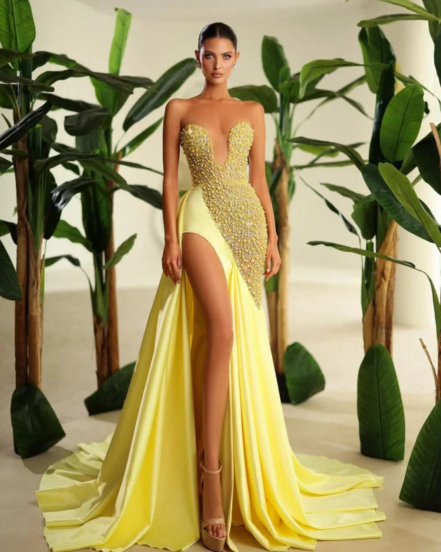 evening gown with cape-Glamorous Bright Yellow Sweetheart Prom Dress with High Slit and Beads