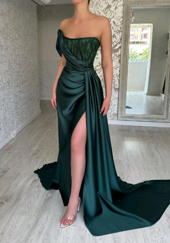 sequined formal evening gown-Glamorous Green Strapless Prom Dress Long Beading Mermaid Dress