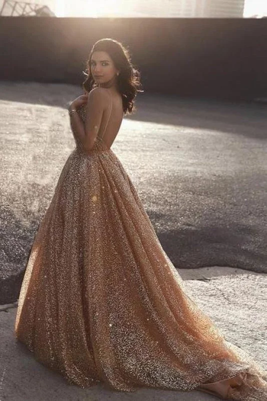 evening gown with crystals-Glitter A Line Elegant Long Prom Dress Spaghetti Straps Evening Party Dresses