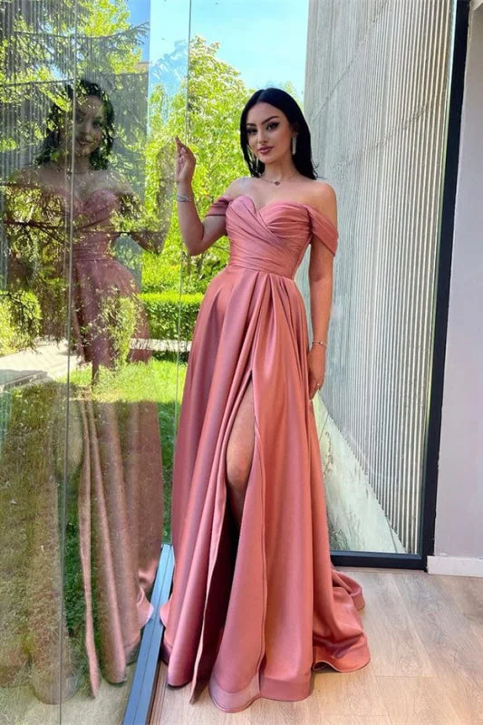 evening gown with cape-Glorious Dusty Pink Off-The-Shoulder Evening Front Split Prom Dress with Sweetheart Neckline