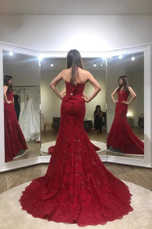 ruched evening gown-Glorious Fascinating Wonderful Sexy Trumpet Red Strapless Sweep Train Lace Prom Dress Long Formal Gown