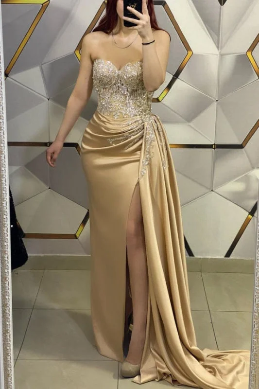 high slit evening gown-Gold Sleeveless Prom Dress with V-Neck, Sequin Appliques