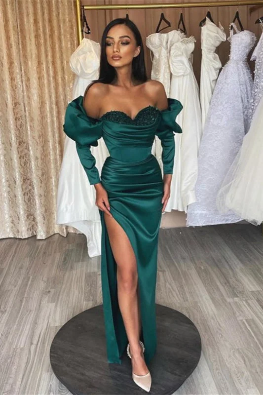 evening gown for black-tie events-Gorgeous Emerald Long Sleeves Sweetheart Evening Prom Dress with Sequins