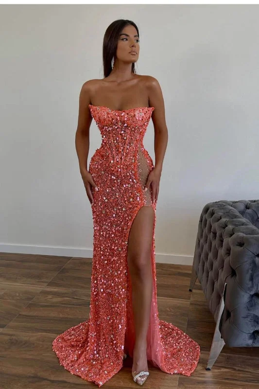 evening dress with beads-Gorgeous Orange Sequins Mermaid Sweetheart Prom Dress with Split, Sleeveless