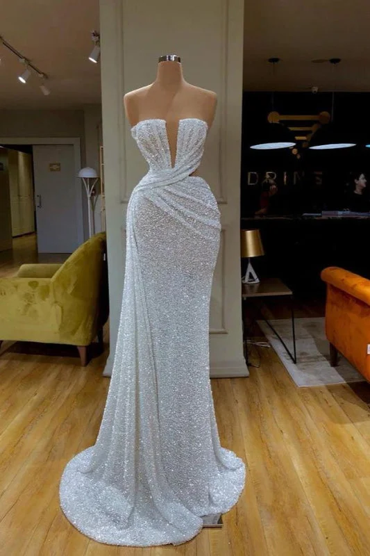 off shoulder evening gown-Gorgeous White Sequins Strapless Online Prom Dress