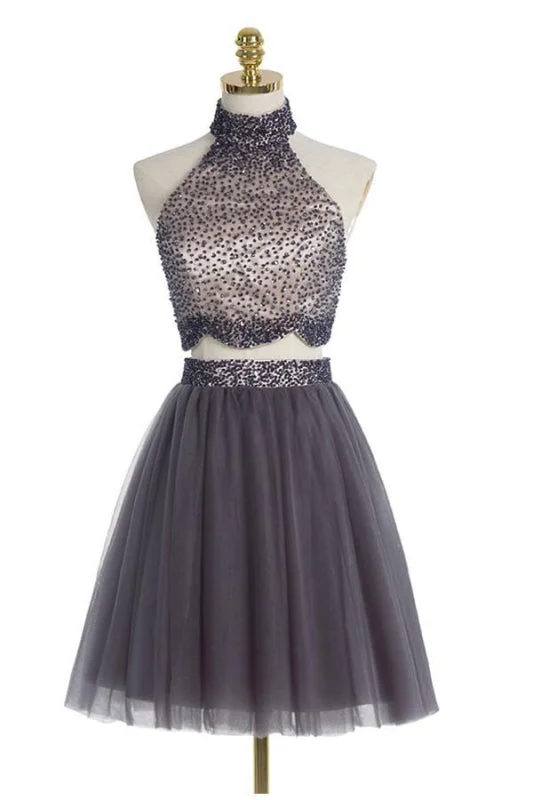 formal evening dress-Graceful Chic Two piece High Neck Gray Beading Homecoming Dresses