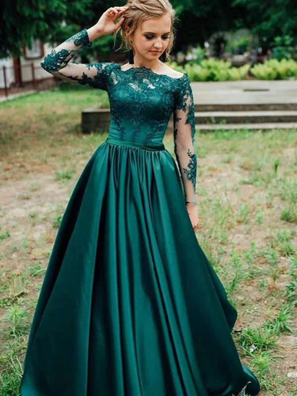 evening dress with appliqués-Green Long Sleeves Lace Satin Long Prom, Green Lace Formal, Green Lace Evening