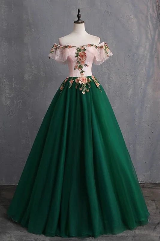 deep V-neck evening gown-Green Off the Shoulder Floor Length Prom with Appliques Puffy Quinceanera Dress