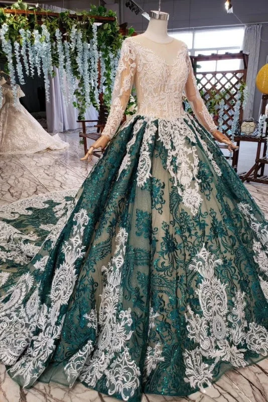 navy blue evening dress-Green Sleeves Ball Lace Dress with Appliques Long Prom Gown