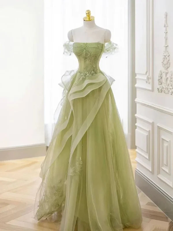 elegant evening dress with sleeves-Green Strapless Prom Dress Off-the-Shoulder A-Line Lace Printed Dress