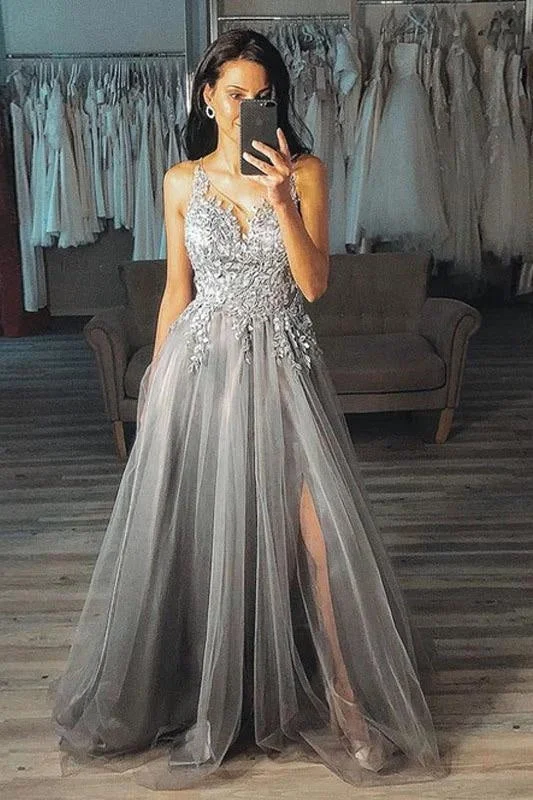 evening gown for formal events-Grey A Line V Neck Appliques Tulle Prom Gray Split Long Evening Dress