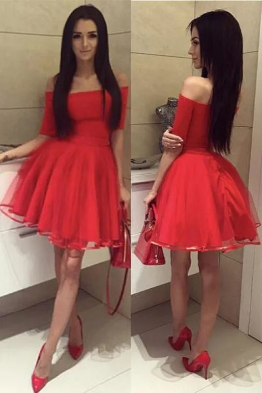 empire waist evening dress-Half Sleeves Off-the-shoulder Tulle Ruched Homecoming Dress Short Red Prom Dresses