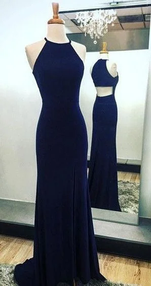 illusion neckline evening dress-Halter Navy Blue Long Prom Dresses for Women under 100