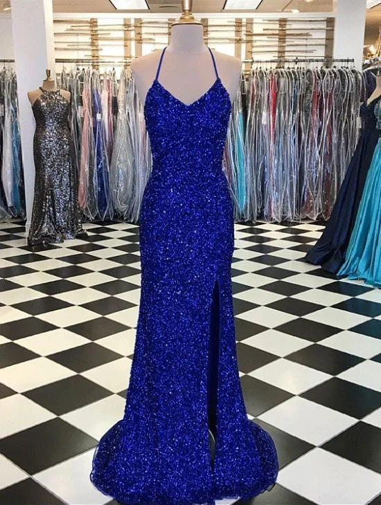 off-the-shoulder evening gown-Halter Royal Blue Split Side Long Prom Dresses for Women