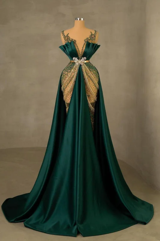 sleeveless evening dress-Heavy Emerald Green Mermaid Prom Dress Spaghetti Strap with Sleeveless Long